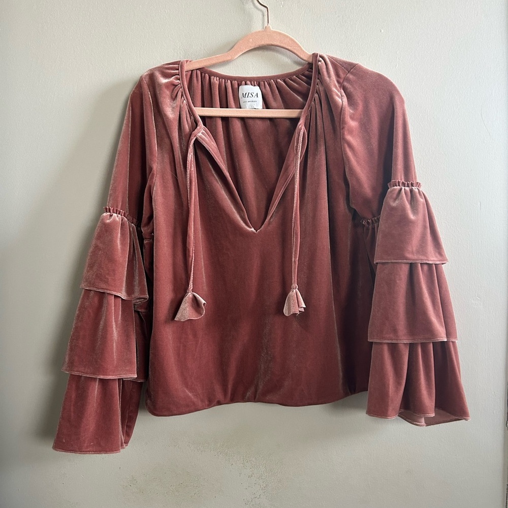 Misa velvet Pink Tiered Bell‎ Sleeve Blouse with Tie Front XS